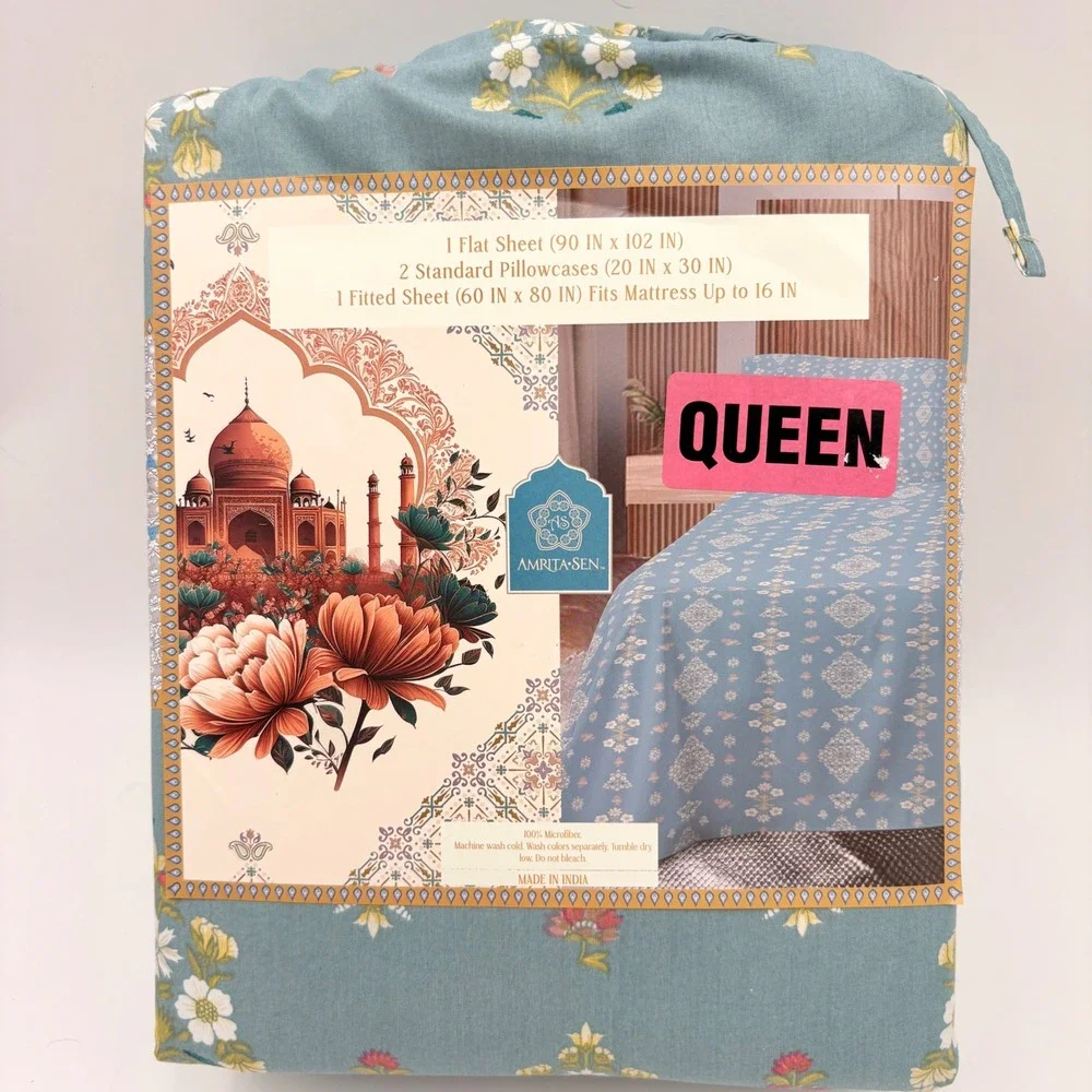 Amrita Sen Queen 4 Piece Sheet Set‎ Blue Floral Brushed Microfiber Made in India